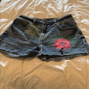 Blue and Pink Jean Shorts with Distressed Hem and Floral Design